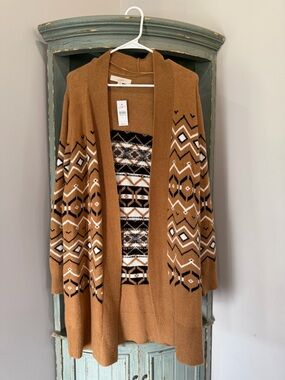 LOFT Camel Brown Open Knit Cardigan with Black Pattern Long NWT